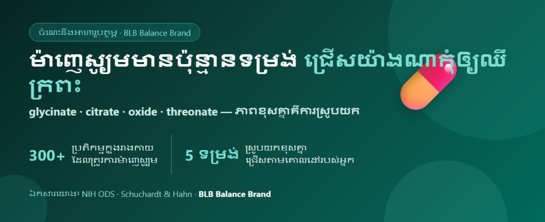 ម៉ាញេស្យូមមានប៉ុន្មានទម្រង់ — glycinate, citrate, oxide, threonate ជ្រើសយ៉ាងណាកុំឲ្យឈឺក្រពះ | BLB