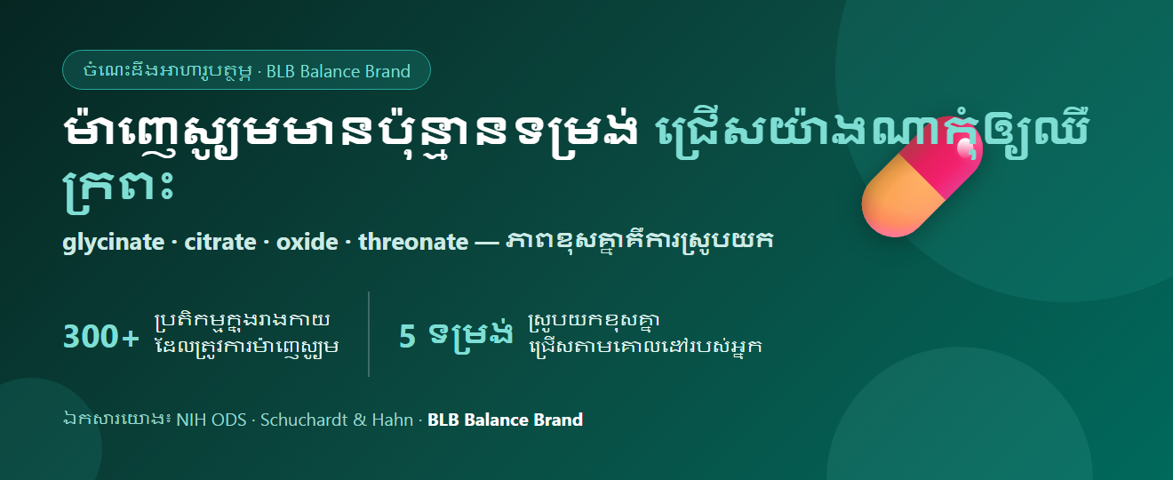 ម៉ាញេស្យូមមានប៉ុន្មានទម្រង់ — glycinate, citrate, oxide, threonate ជ្រើសយ៉ាងណាកុំឲ្យឈឺក្រពះ | BLB