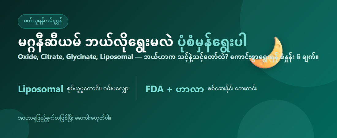 မဂ္ဂနီဆီယမ် ဘယ်လိုရွေးမလဲ – Oxide, Citrate, Liposomal ကွာခြားချက် + စံနှုန်း ၆ ချက် | Lipo Mg