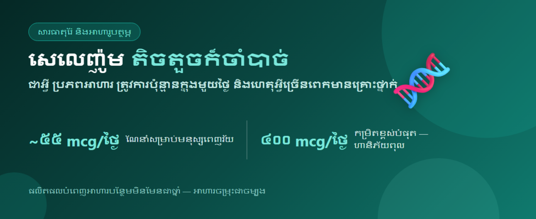 សេលេញ៉ូម៖ ប្រយោជន៍ ប្រភពអាហារ និងត្រូវការប៉ុន្មានក្នុងមួយថ្ងៃ (និងហេតុអ្វីច្រើនពេកមានគ្រោះថ្នាក់)