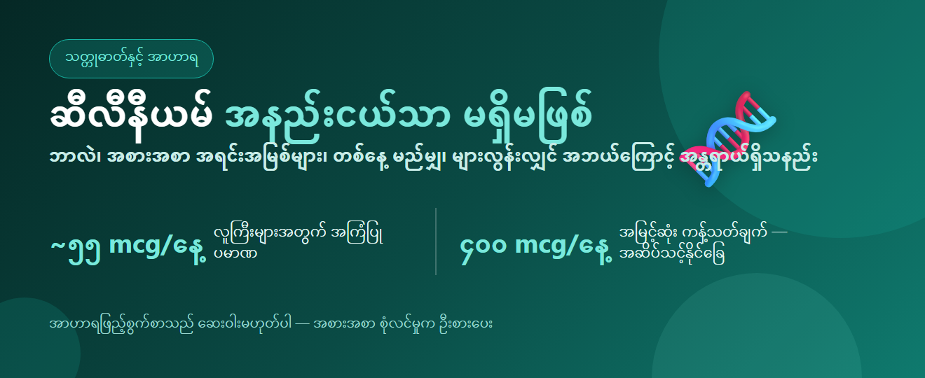 ဆီလီနီယမ်- အကျိုးကျေးဇူး၊ အစားအစာ အရင်းအမြစ်နှင့် တစ်နေ့ မည်မျှ (များလွန်းလျှင် အဘယ်ကြောင့် အန္တရာယ်ရှိသနည်း)
