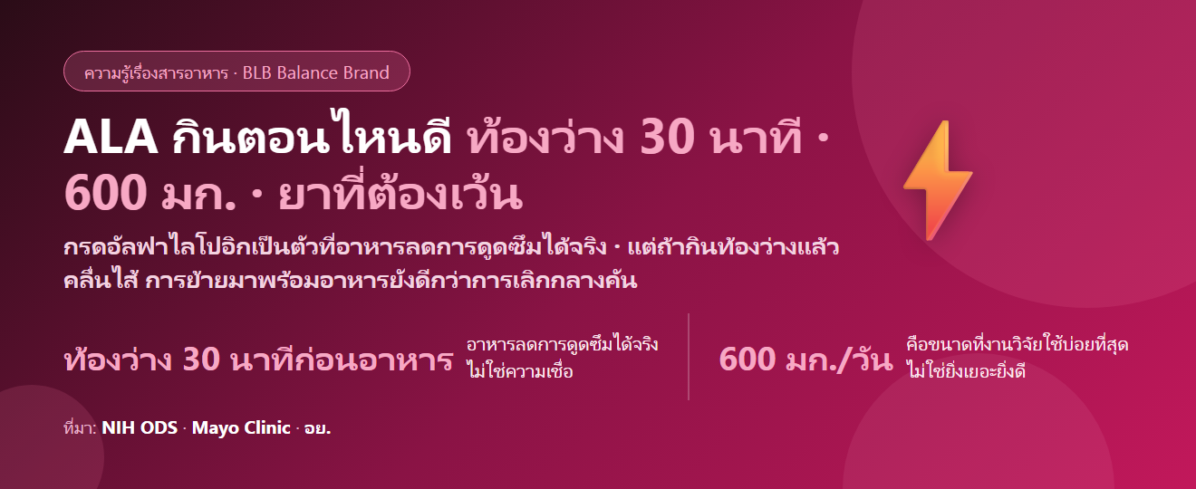 กรดอัลฟาไลโปอิก (ALA) กินตอนไหนดี? ท้องว่าง 30 นาทีจริงไหม แบ่งมื้อยังไง และยาที่ต้องระวัง