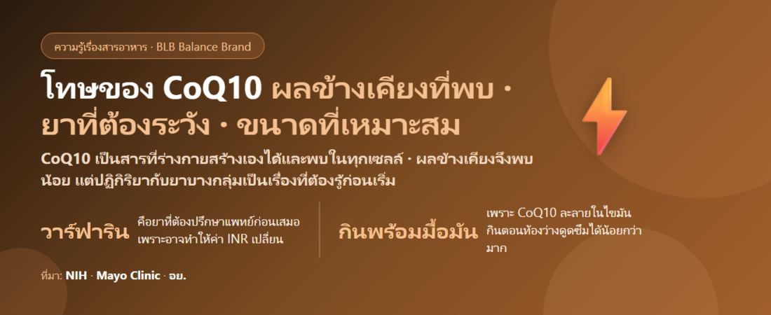 โทษของ CoQ10 (โคเอนไซม์คิวเท็น) มีอะไรบ้าง? ผลข้างเคียงที่พบ ยาที่ต้องระวัง และขนาดที่เหมาะสม