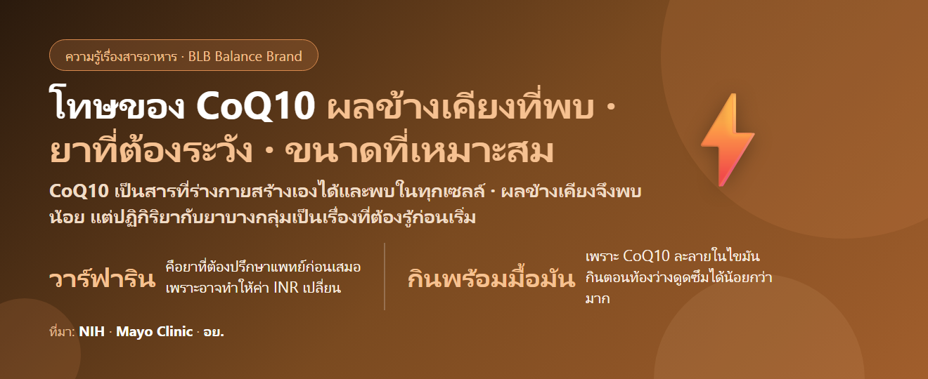 โทษของ CoQ10 (โคเอนไซม์คิวเท็น) มีอะไรบ้าง? ผลข้างเคียงที่พบ ยาที่ต้องระวัง และขนาดที่เหมาะสม