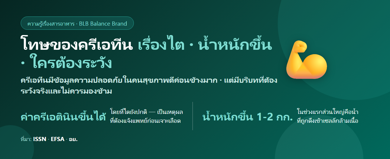 โทษของครีเอทีน มีอะไรบ้าง? เรื่องไตที่เข้าใจผิดกันมาก น้ำหนักขึ้นช่วงแรก และใครต้องระวัง