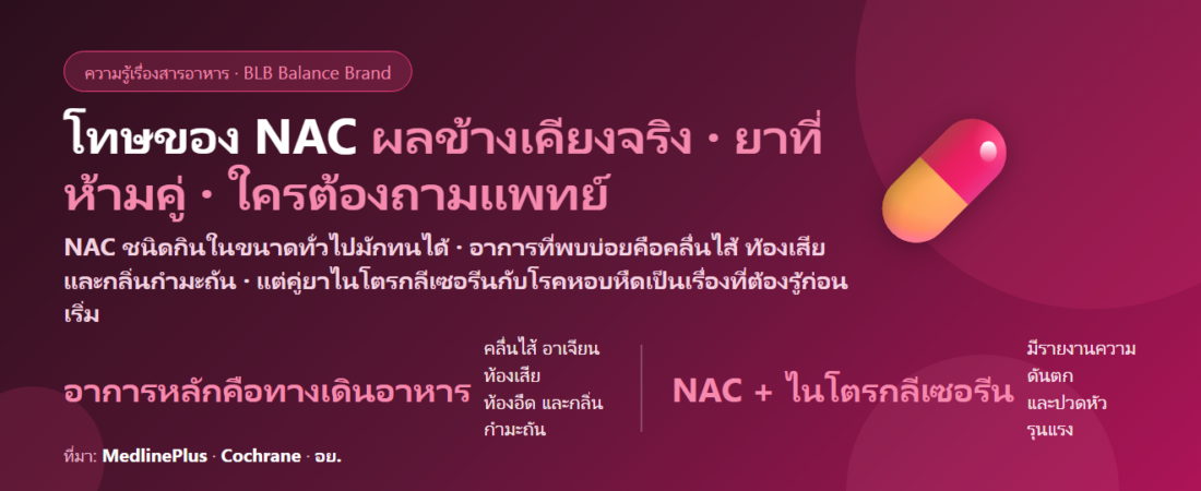 โทษของ NAC (N-Acetyl Cysteine) มีอะไรบ้าง? ผลข้างเคียง ยาที่ห้ามกินคู่ และใครไม่ควรกินเอง