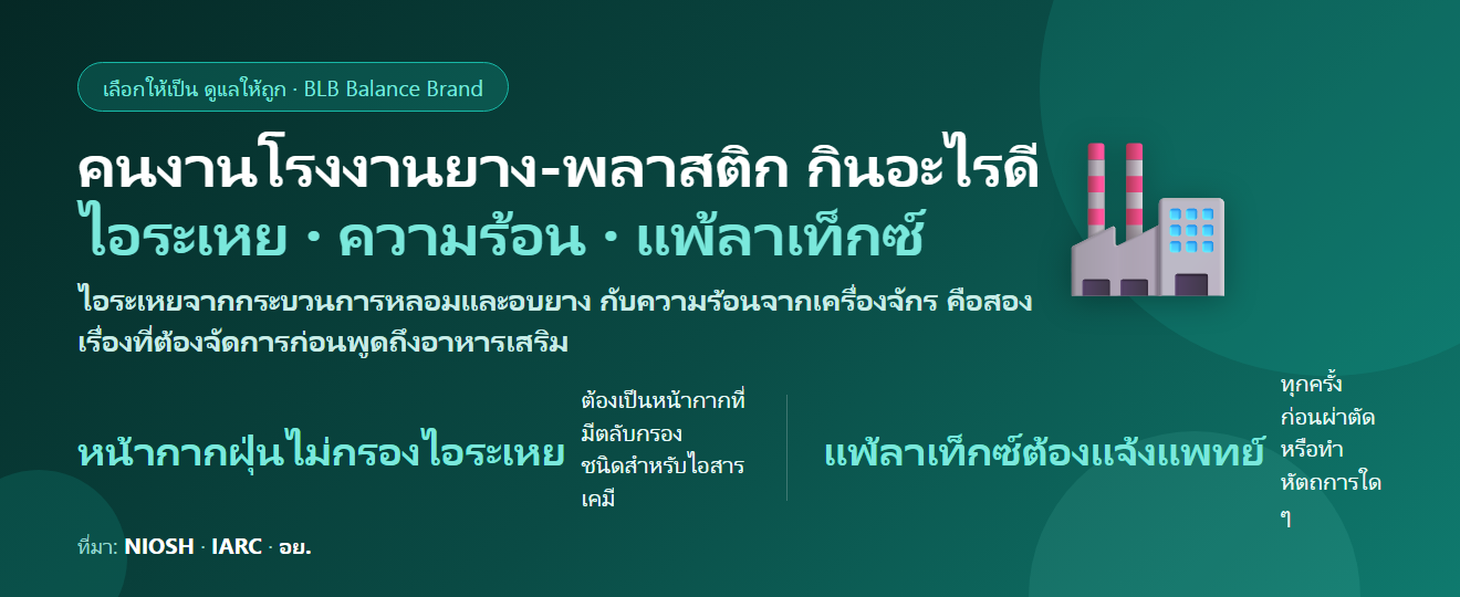 คนงานโรงงานยางและพลาสติก กลิ่นสารเคมีกับความร้อนทั้งกะ แสบจมูก ปวดหัว กินอะไรดี? ดูแลปอดและผิว