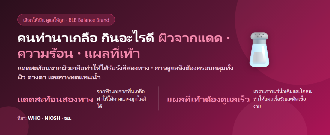 คนทำนาเกลือ แดดจัดทั้งวัน ผิวไหม้แสบ เท้าแช่น้ำเค็ม กินอะไรดี? ดูแลผิวและความร้อน