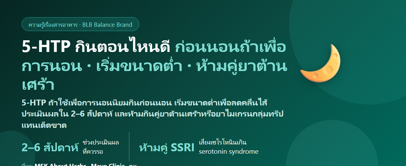 5-HTP กินตอนไหนดี? ก่อนนอนหรือระหว่างวัน ท้องว่างหรือพร้อมอาหาร ทำไมห้ามกินคู่ยาต้านเศร้า และต้องกินกี่สัปดาห์ถึงประเมิน