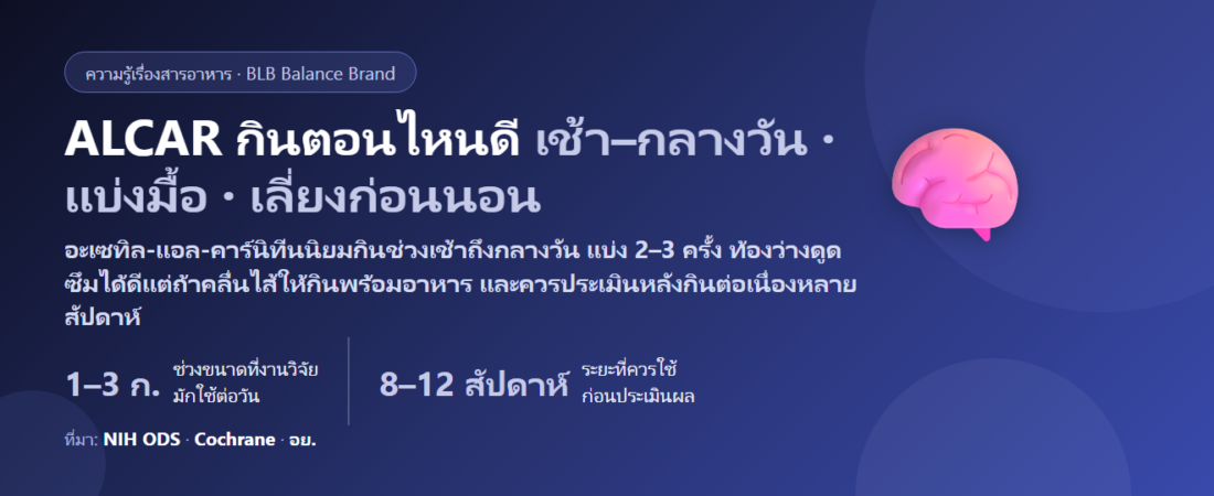อะเซทิล-แอล-คาร์นิทีน (ALCAR) กินตอนไหนดี? เช้าหรือก่อนออกกำลังกาย ท้องว่างหรือพร้อมอาหาร ต่างจากแอล-คาร์นิทีนธรรมดายังไง ต้องกินกี่สัปดาห์ถึงประเมิน และใครควรเลี่ยง