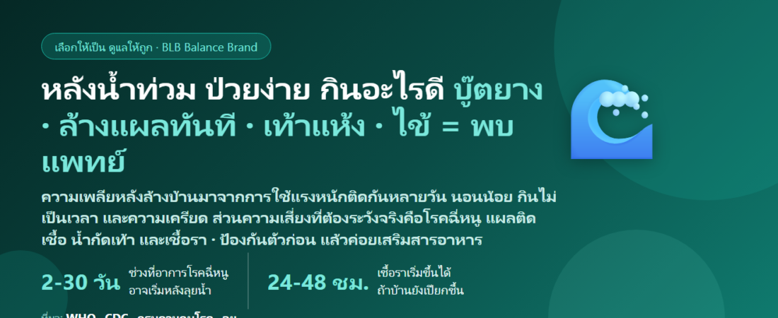 หลังน้ำท่วม ล้างบ้าน ลุยน้ำ ลุยโคลนหลายวัน เพลีย ป่วยง่าย กินอะไรดี? ดูแลตัวเอง ระวังฉี่หนู น้ำกัดเท้า และเชื้อรา