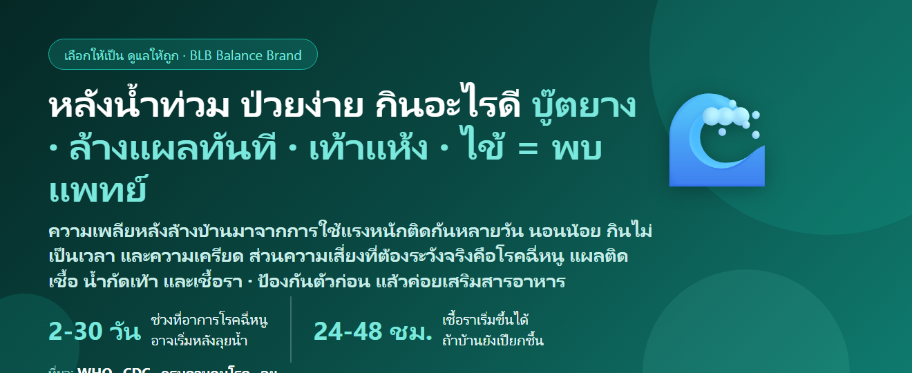 หลังน้ำท่วม ล้างบ้าน ลุยน้ำ ลุยโคลนหลายวัน เพลีย ป่วยง่าย กินอะไรดี? ดูแลตัวเอง ระวังฉี่หนู น้ำกัดเท้า และเชื้อรา