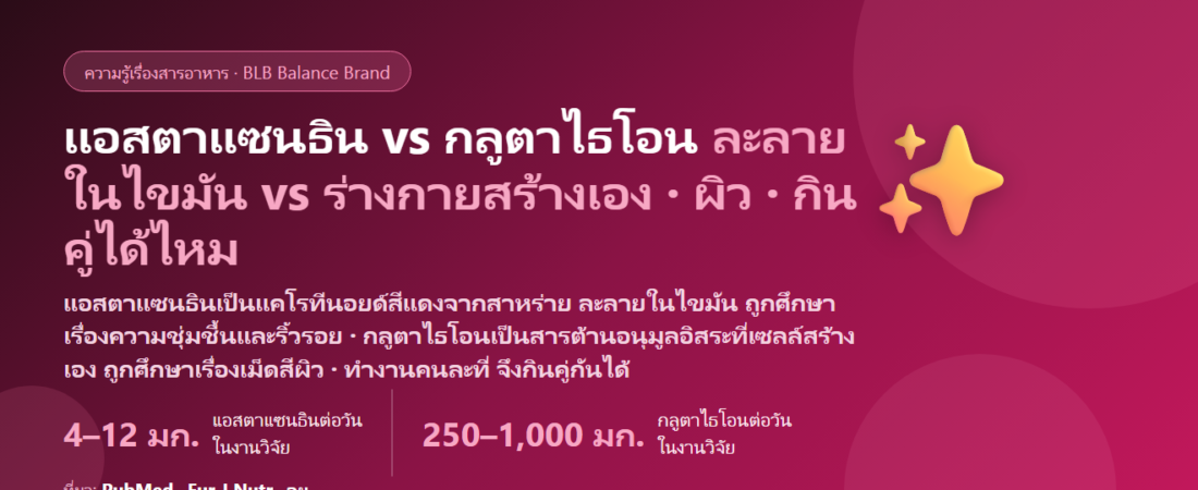แอสตาแซนธิน vs กลูตาไธโอน ต่างกันยังไง? สารต้านอนุมูลอิสระสองแบบที่ทำงานคนละที่ เรื่องผิวที่งานวิจัยพบจริง ตัวไหนเหมาะกับใคร กินคู่กันได้ไหม และกินตอนไหน