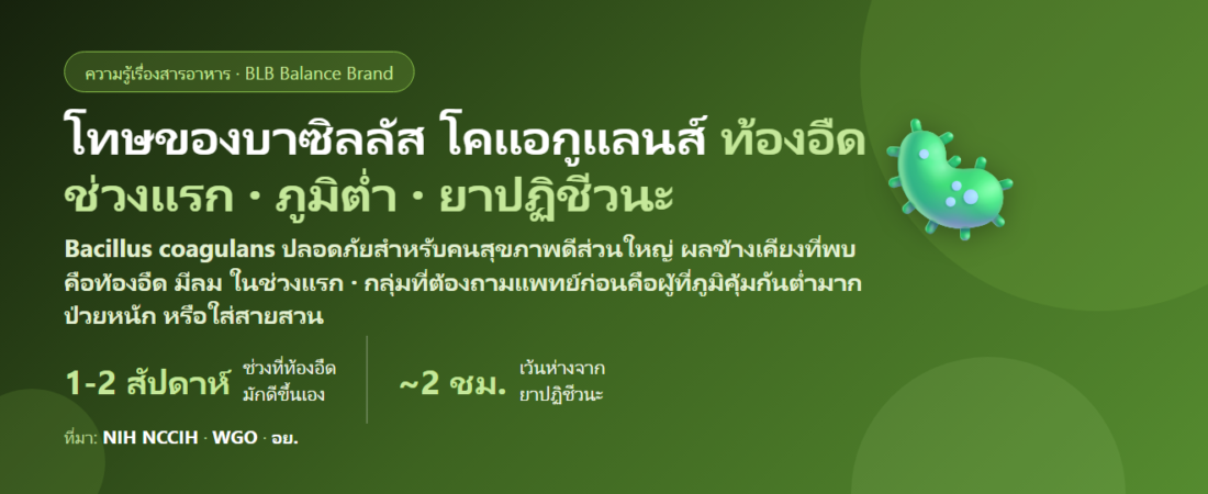โทษของบาซิลลัส โคแอกูแลนส์ (Bacillus coagulans) มีอะไรบ้าง? ท้องอืดช่วงแรก ภูมิคุ้มกันต่ำ ยาปฏิชีวนะ และใครไม่ควรกิน