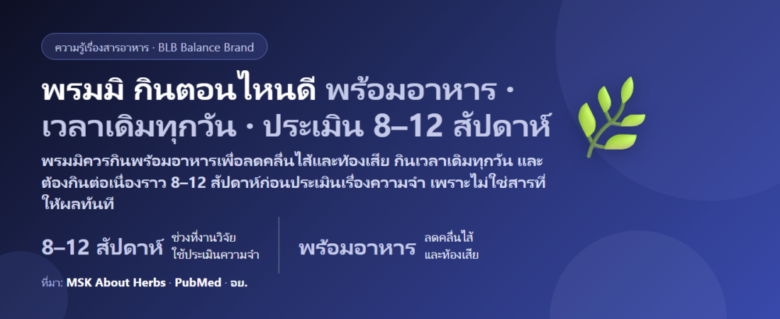 พรมมิ (Bacopa monnieri) กินตอนไหนดี? ต้องกินพร้อมอาหารไหม ทำไมต้องรอ 8–12 สัปดาห์ถึงประเมินความจำ กินคู่แปะก๊วยได้ไหม และใครควรระวัง