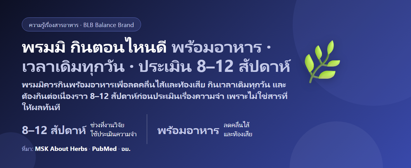 พรมมิ (Bacopa monnieri) กินตอนไหนดี? ต้องกินพร้อมอาหารไหม ทำไมต้องรอ 8–12 สัปดาห์ถึงประเมินความจำ กินคู่แปะก๊วยได้ไหม และใครควรระวัง