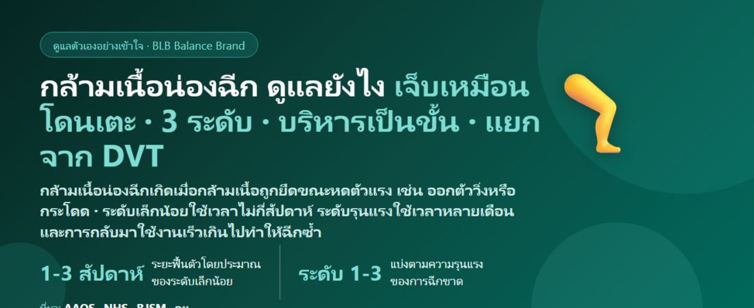 กล้ามเนื้อน่องฉีก น่องตึงเจ็บฉับพลัน (Calf Strain) ดูแลตัวเองยังไง? อาการ ระดับความรุนแรง ท่าบริหาร และเมื่อไรต้องพบแพทย์