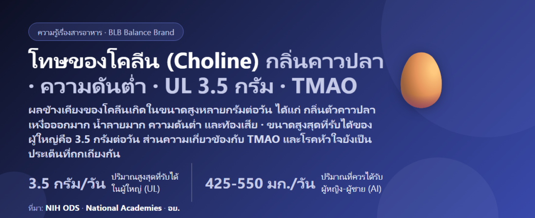 โทษของโคลีน (Choline) มีอะไรบ้าง? กลิ่นตัวคาวปลา ความดันต่ำ ขนาดสูงสุดต่อวัน และเรื่อง TMAO ที่ต้องรู้