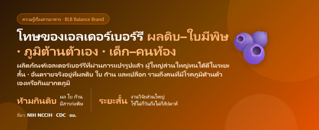 โทษของเอลเดอร์เบอร์รี (Elderberry) มีอะไรบ้าง? ผลดิบ–ใบ–ก้านมีพิษไหม คลื่นไส้ ท้องเสีย คนเป็นโรคภูมิต้านตัวเอง–กินยากดภูมิกินได้ไหม เด็กและคนท้องกินได้หรือเปล่า และใครควรเลี่ยง