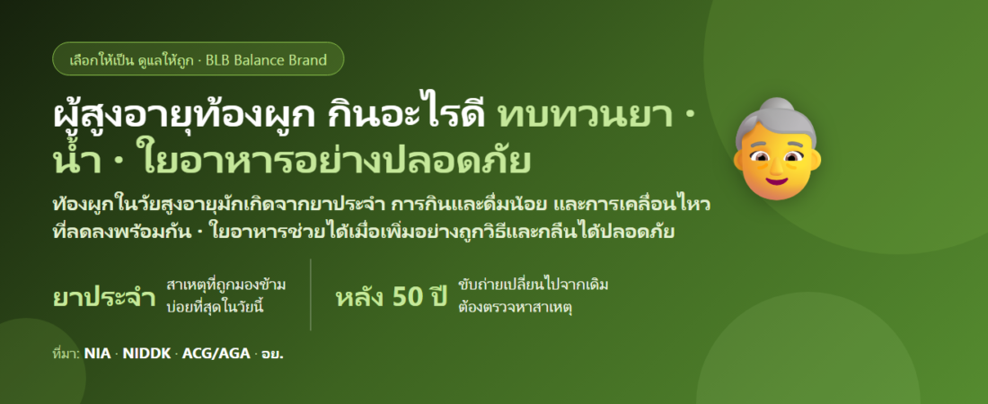 ผู้สูงอายุท้องผูก ถ่ายยาก กินอะไรดี? สาเหตุที่พบจริงในวัยนี้ วิธีเพิ่มใยอาหารอย่างปลอดภัย ข้อควรระวังเรื่องสำลัก และสัญญาณที่ต้องพบแพทย์
