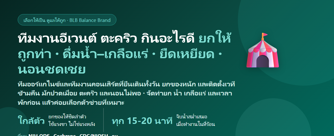 ทีมออร์แกไนซ์–ทีมงานอีเวนต์ คอนเสิร์ต ยืนเดินทั้งวัน ยกของ ติดตั้งเวทีข้ามคืน ตะคริว ปวดเมื่อย นอนไม่พอ กินอะไรดี? ดูแลกล้ามเนื้อและการพักฟื้นของคนทำงานอีเวนต์