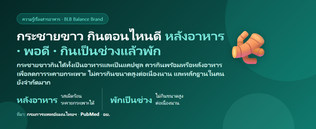 กระชายขาว (Fingerroot) กินตอนไหนดี? แคปซูล ผง หรือน้ำกระชาย ต่างกันยังไง กินพร้อมอาหารหรือท้องว่าง กินติดต่อกันได้นานแค่ไหน และคนเป็นโรคตับ–กินยาประจำต้องระวังอะไร