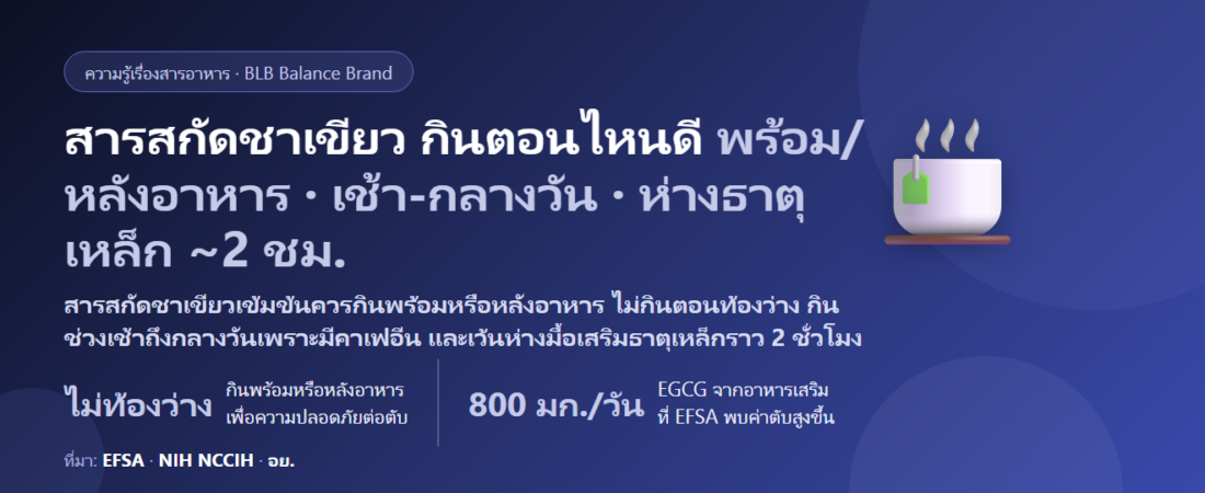 สารสกัดชาเขียว (Green Tea Extract / EGCG) กินตอนไหนดี? ห้ามกินตอนท้องว่างจริงไหม คาเฟอีนกับเวลานอน และกินห่างยา–ธาตุเหล็กเท่าไร