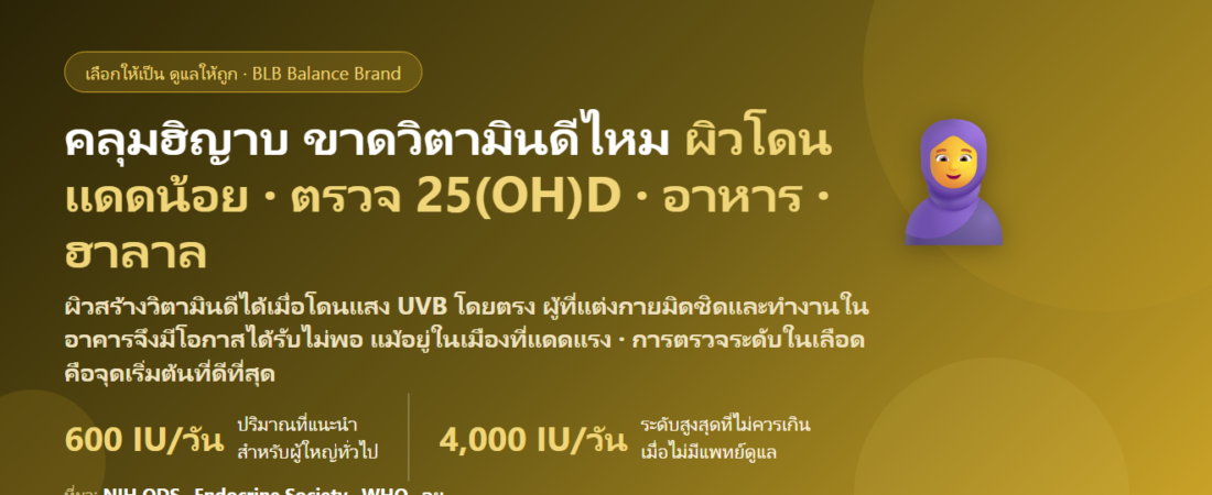 ผู้หญิงคลุมฮิญาบ ผิวโดนแดดน้อย เสี่ยงขาดวิตามินดีไหม กินอะไรดี? ตรวจระดับ แหล่งอาหาร และเกณฑ์เลือกอาหารเสริมฮาลาล