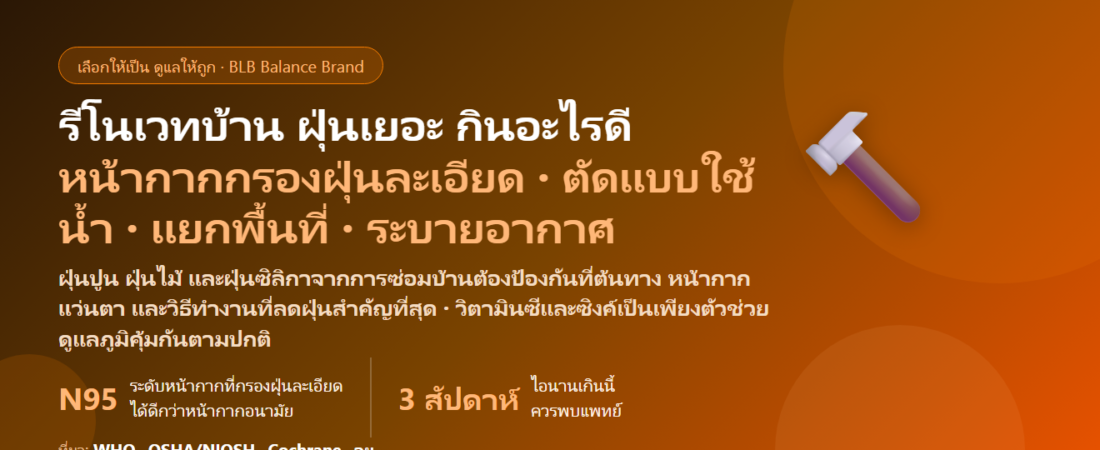 รีโนเวทบ้าน–ซ่อมบ้าน ฝุ่นปูน ฝุ่นไม้ แสบจมูก ไอ กินอะไรดี? ดูแลภูมิและป้องกันฝุ่นให้ถูกวิธี