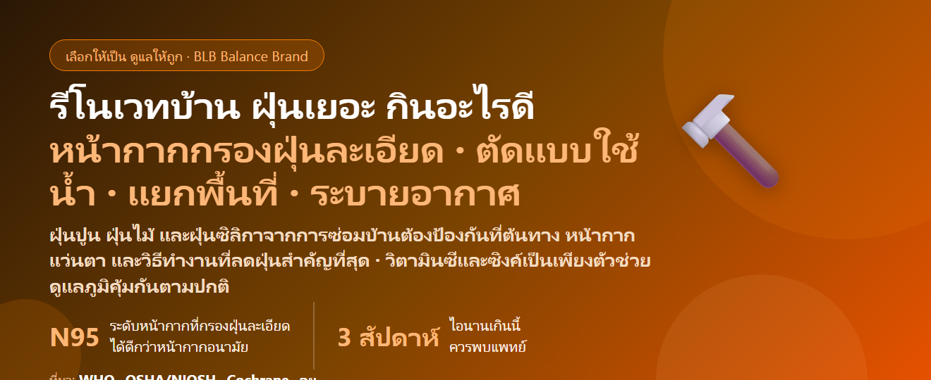 รีโนเวทบ้าน–ซ่อมบ้าน ฝุ่นปูน ฝุ่นไม้ แสบจมูก ไอ กินอะไรดี? ดูแลภูมิและป้องกันฝุ่นให้ถูกวิธี