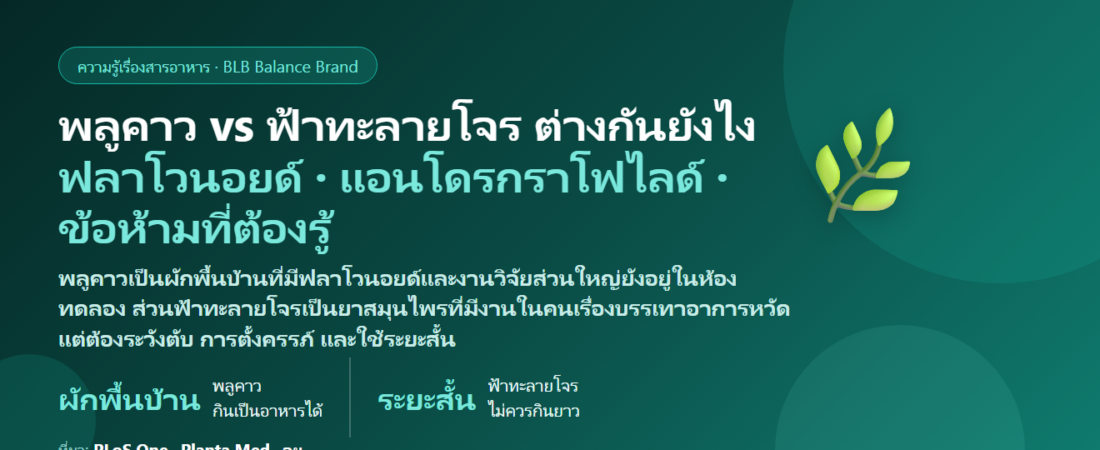 พลูคาว vs ฟ้าทะลายโจร ต่างกันยังไง? สารสำคัญ หลักฐานงานวิจัย กินคู่กันได้ไหม กินตอนไหน และโทษที่ต้องรู้ (ตับ ตั้งครรภ์ ความดันต่ำ)