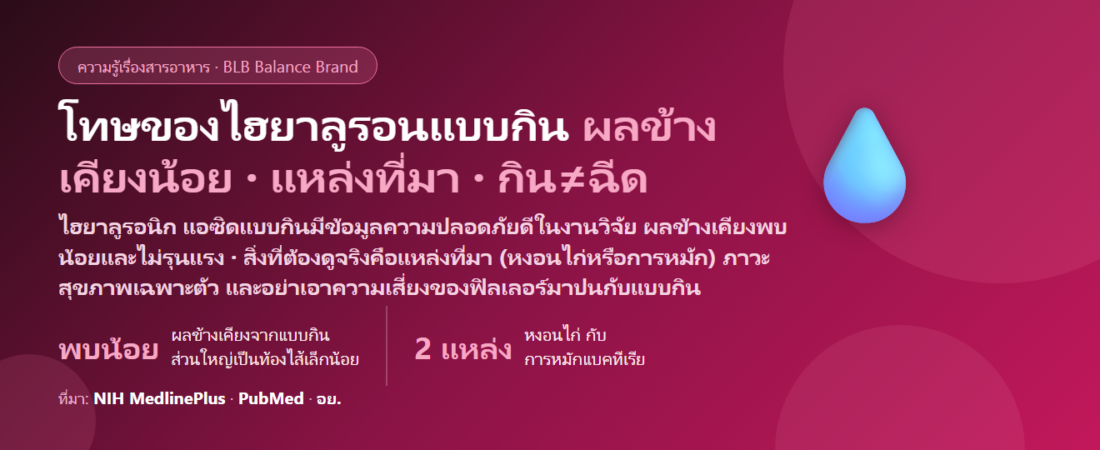 โทษของไฮยาลูรอนิก แอซิด (Hyaluronic Acid) แบบกิน มีอะไรบ้าง? ผลข้างเคียงที่พบ แพ้ได้ไหม (แหล่งจากหงอนไก่–การหมัก) ต่างจากแบบทาและแบบฉีดยังไง และใครควรปรึกษาแพทย์ก่อนกิน