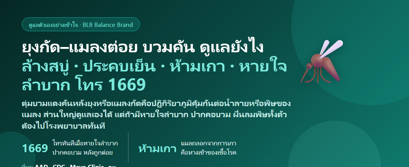 แมลงกัดต่อย–ยุงกัด ตุ่มบวมแดง คันมาก ดูแลตัวเองยังไง? ทำไมบางคนแพ้ยุงหนักกว่าคนอื่น ห้ามเกา–ห้ามทาอะไร และเมื่อไรเป็นภาวะแพ้รุนแรงที่ต้องไปโรงพยาบาลทันที