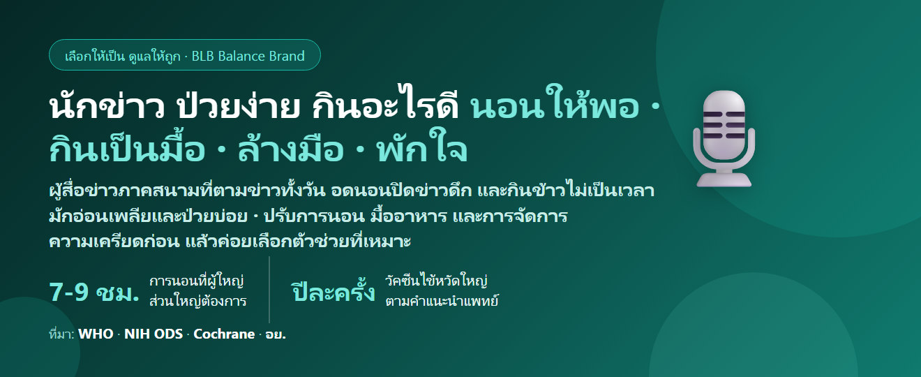 นักข่าว–ผู้สื่อข่าวภาคสนาม ตามข่าวทั้งวัน กินข้าวไม่เป็นเวลา อดนอนปิดข่าวดึก ร่างกายโทรม ป่วยง่าย กินอะไรดี? ดูแลพลังงานและภูมิคุ้มกันของคนทำงานข่าว