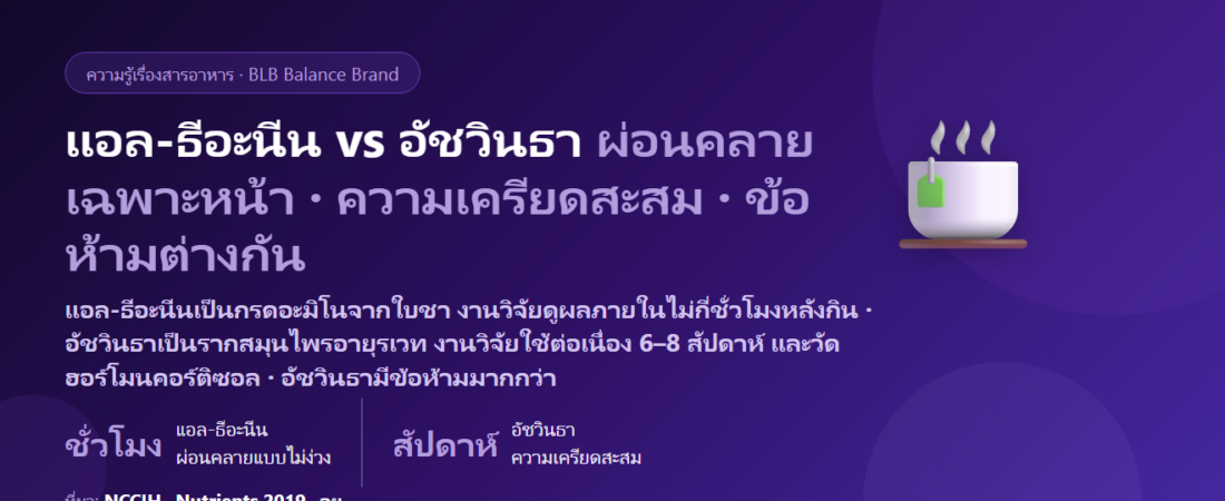แอล-ธีอะนีน vs อัชวินธา (Ashwagandha) ต่างกันยังไง? ผ่อนคลายเร็วในไม่กี่ชั่วโมง vs ปรับรับมือความเครียดระยะยาว ตัวไหนเหมาะกับใคร กินคู่กันได้ไหม กินตอนไหน และโทษที่ต้องรู้