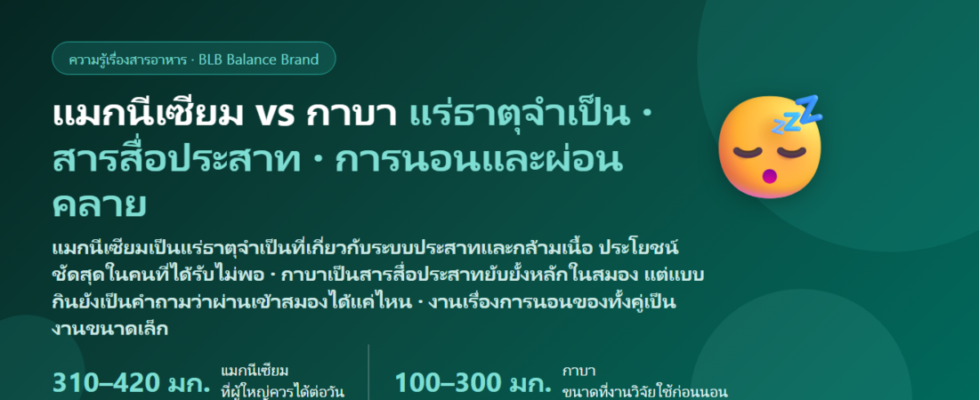 แมกนีเซียม vs กาบา (GABA) ต่างกันยังไง? ตัวไหนช่วยผ่อนคลาย ตัวไหนเรื่องการนอน งานวิจัยพบอะไร กินคู่กันได้ไหม กินตอนไหน และโทษที่ต้องรู้