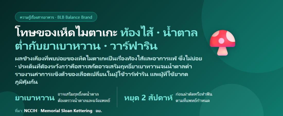 โทษของเห็ดไมตาเกะ (Maitake) มีอะไรบ้าง? ผลข้างเคียง น้ำตาลต่ำเมื่อกินคู่ยาเบาหวาน ยาที่ต้องระวัง และใครไม่ควรกิน