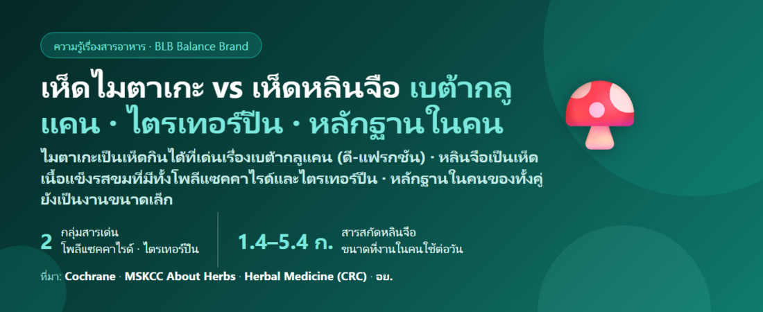 เห็ดไมตาเกะ vs เห็ดหลินจือ ต่างกันยังไง? เบต้ากลูแคนกับไตรเทอร์ปีน งานวิจัยพบอะไร ตัวไหนเหมาะกับใคร กินคู่กันได้ไหม กินตอนไหน และโทษที่ต้องรู้