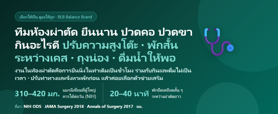 ทีมห้องผ่าตัด พยาบาลห้องผ่าตัด–ผู้ช่วยผ่าตัด–วิสัญญี–ศัลยแพทย์ ยืนนิ่งหลายชั่วโมง ก้มคอเหนือโต๊ะผ่าตัด กลั้นปัสสาวะ กินข้าวไม่เป็นเวลา ปวดคอบ่า หลัง และน่อง กินอะไรดี? ดูแลกล้ามเนื้อและการพักของคนในห้องผ่าตัด