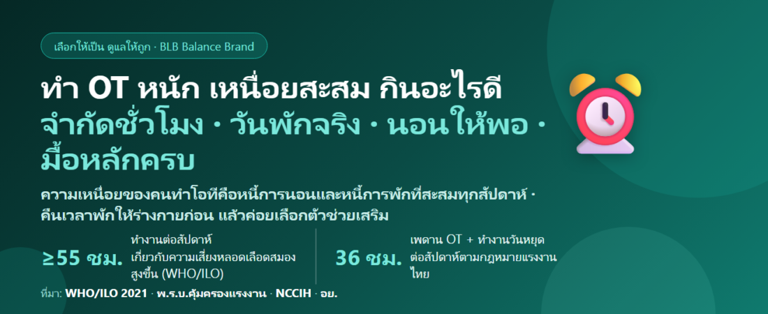ทำ OT ติดกันหลายสัปดาห์ เลิกงานสามสี่ทุ่ม วันหยุดก็ยังทำงาน เหนื่อยสะสม ร่างกายล้า ป่วยง่าย กินอะไรดี? ดูแลการฟื้นตัวของคนทำโอทีหนัก