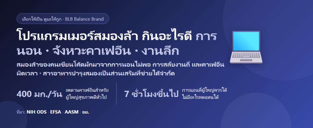 โปรแกรมเมอร์ นักพัฒนา นั่งเขียนโค้ดทั้งวัน สมองล้า โฟกัสหลุด นอนดึก กินอะไรดี? จังหวะคาเฟอีน การนอน และหลักฐานจริงของสารบำรุงสมอง