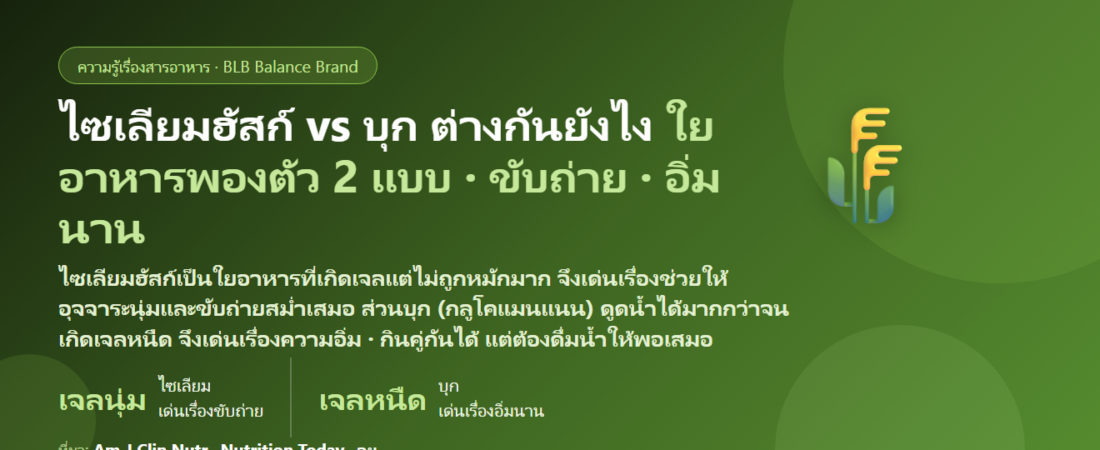 ไซเลียมฮัสก์ vs บุก (กลูโคแมนแนน) ต่างกันยังไง? ตัวไหนดีกว่าเรื่องขับถ่าย อิ่มนาน และคุมน้ำหนัก กินคู่กันได้ไหม กินตอนไหน ดื่มน้ำเท่าไร และโทษที่ต้องรู้ (ติดคอ ท้องอืด ยา)