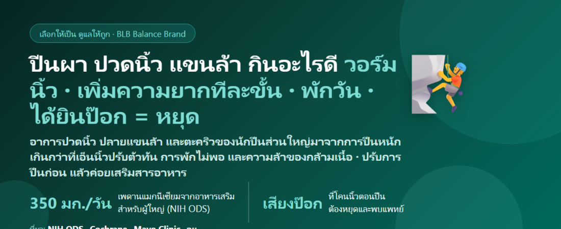 ปีนผา–โบลเดอริ่ง (Rock Climbing) ปวดนิ้ว แขนล้า ตะคริวปลายแขน กินอะไรดี? ดูแลกล้ามเนื้อ เอ็นนิ้ว และการฟื้นตัว