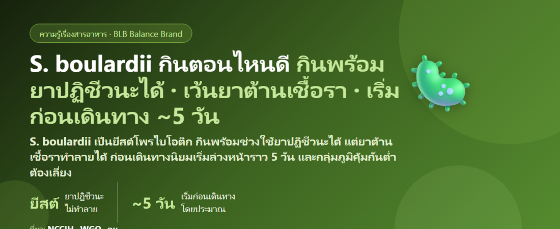 ซัคคาโรไมซิส บูลาร์ดี (S. boulardii) กินตอนไหนดี? กินพร้อมยาปฏิชีวนะได้ไหม ต้องเว้นกี่ชั่วโมง ก่อนเดินทางต้องเริ่มกินเมื่อไร และใครห้ามกิน