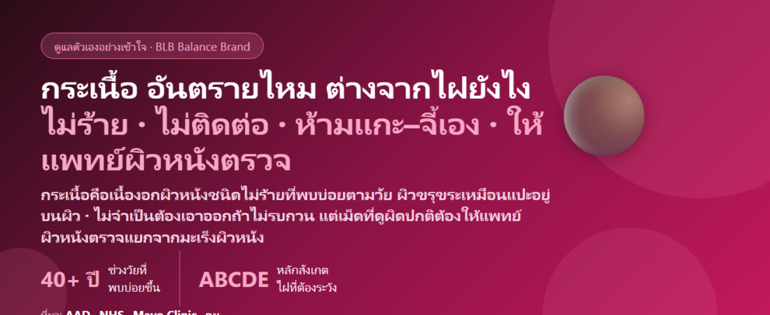 กระเนื้อ (Seborrheic Keratosis) ตุ่มสีน้ำตาล–ดำนูนบนหน้า คอ หลัง เกิดจากอะไร อันตรายไหม? ต่างจากไฝ–ฝ้า–มะเร็งผิวหนังยังไง แกะ–จี้เองได้ไหม และเมื่อไรต้องพบแพทย์ผิวหนัง