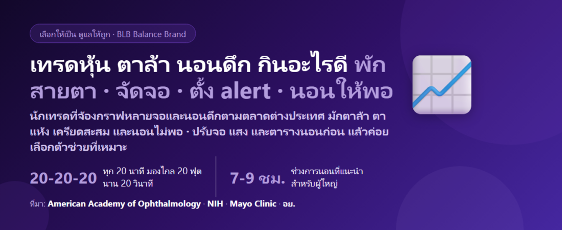 เทรดหุ้น–คริปโต จ้องกราฟหลายจอ ตาล้า เครียดตามพอร์ต นอนไม่หลับเพราะตลาดต่างประเทศ กินอะไรดี? ดูแลดวงตาและการพักผ่อนของนักลงทุน