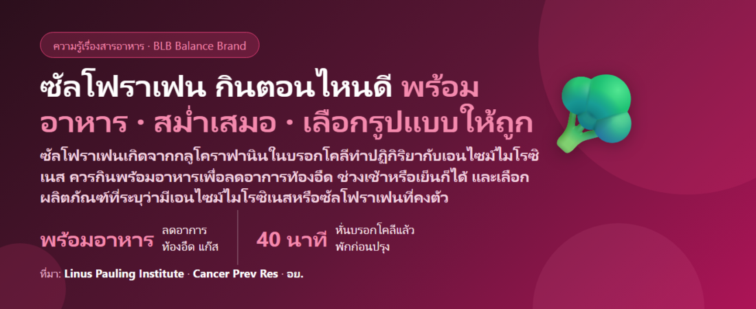 ซัลโฟราเฟน (Sulforaphane) กินตอนไหนดี? เช้าหรือเย็น พร้อมอาหารหรือท้องว่าง ต้นอ่อนบรอกโคลีกับแคปซูลต่างกันยังไง ทำบรอกโคลีอย่างไรไม่ให้สารหาย และใครควรระวัง (ไทรอยด์ ตั้งครรภ์ ยาประจำ)