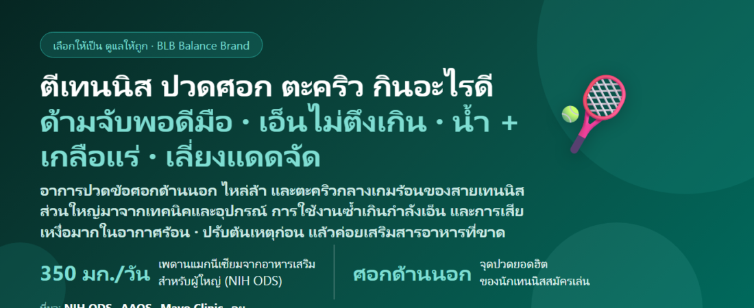 ตีเทนนิส ปวดศอก ไหล่ล้า ตะคริวกลางเกมร้อน ๆ กินอะไรดี? ดูแลกล้ามเนื้อ เอ็น และการนอนฟื้นตัวของสายเทนนิส