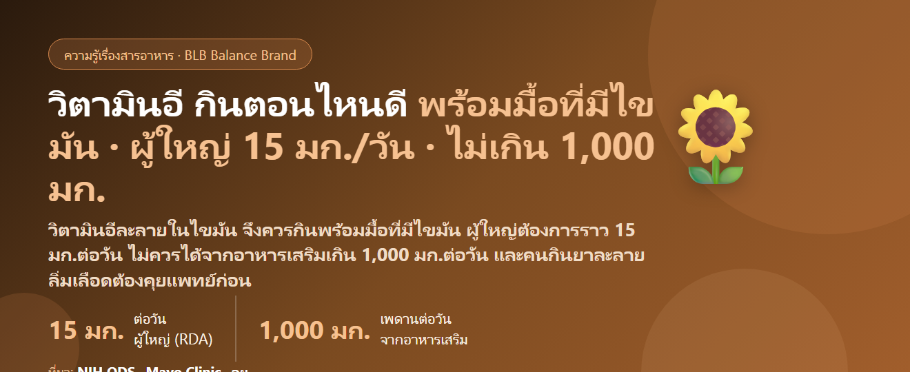 วิตามินอี (Vitamin E) กินตอนไหนดี? ต้องกินพร้อมมื้อที่มีไขมันไหม เว้นจากยาละลายลิ่มเลือดยังไง กินคู่วิตามินซี–ซีลีเนียมได้ไหม และขนาดไหนที่ไม่ควรเกิน