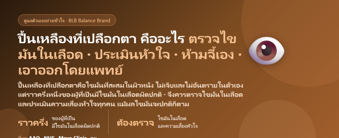 ปื้นเหลืองที่เปลือกตา–ไขมันเกาะเปลือกตา (Xanthelasma) เกิดจากอะไร เกี่ยวกับคอเลสเตอรอลสูงไหม? ต้องตรวจไขมันในเลือดเมื่อไร รักษาที่ไหน และดูแลตัวเองยังไง